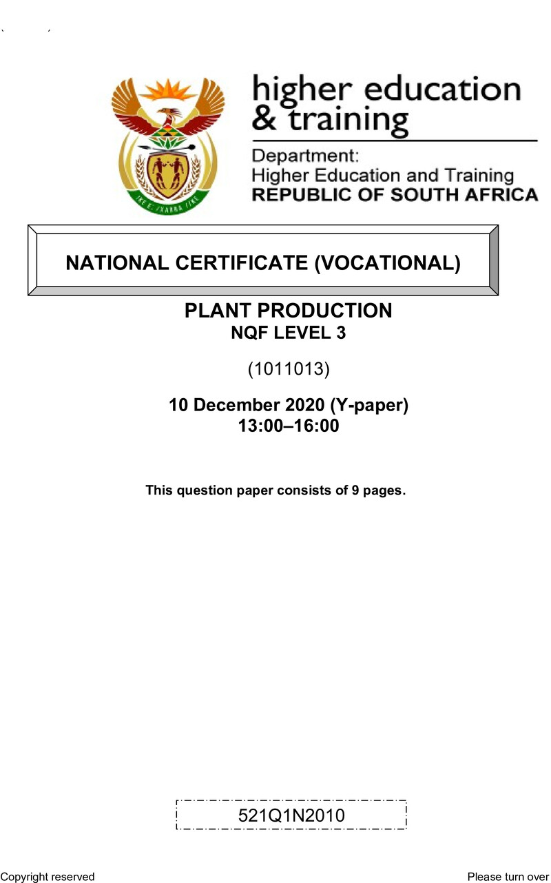 Plant Production Level 3 DHET NCV December 2020 Paper Y - Question Paper