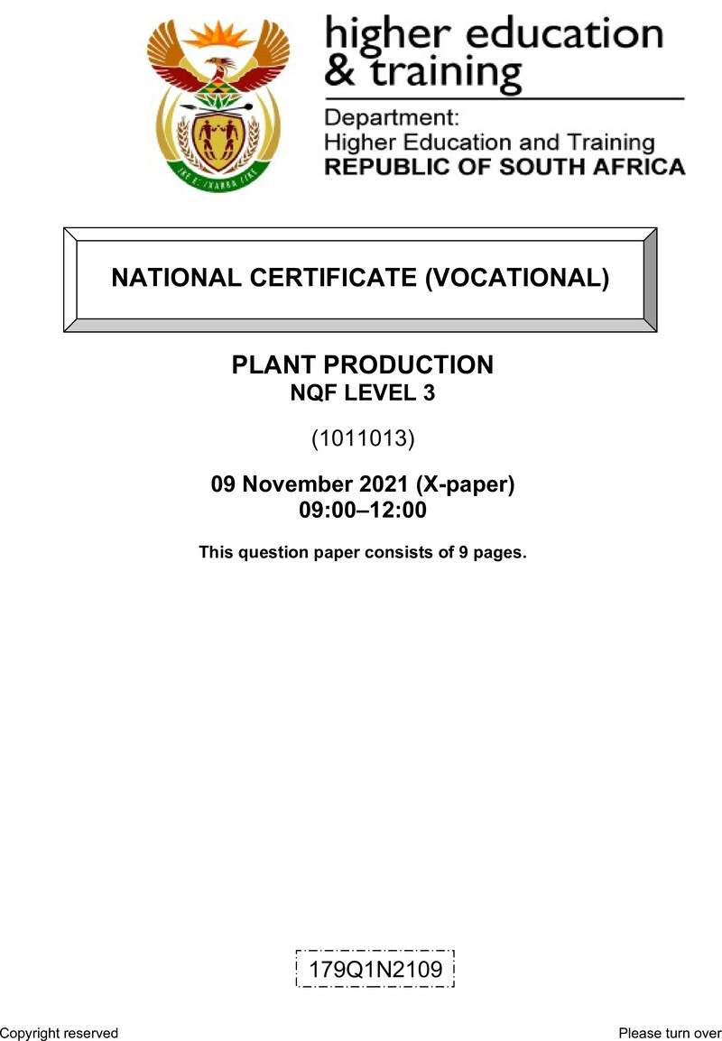 Plant Production Level 3 DHET NCV November 2021 Paper X - Question Paper