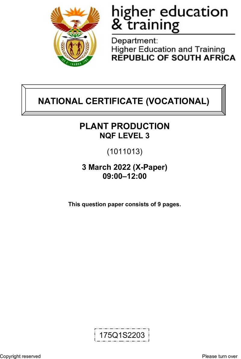 Plant Production Level 3 DHET NCV March 2022 Paper X - Question Paper