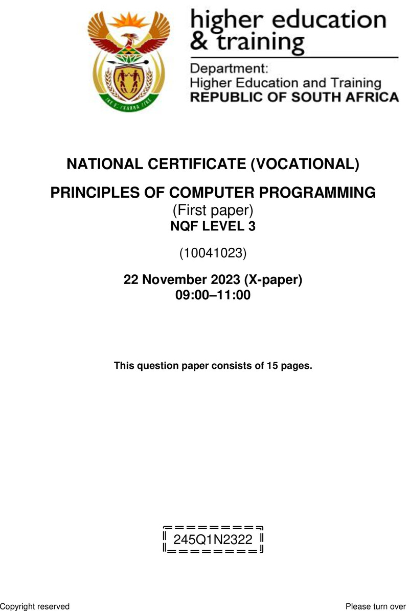 Principles of Computer Programming Level 3 DHET NCV November 2023 Paper X - Question Paper