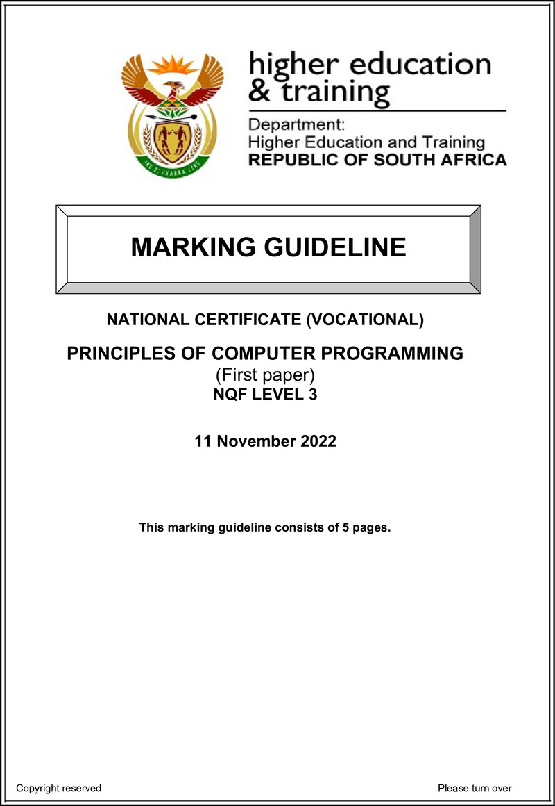 Principles of Computer Programming Level 3 DHET NCV November 2022 - Memo