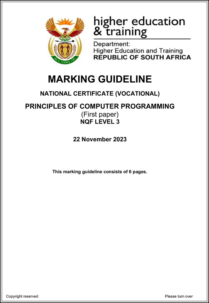 Principles of Computer Programming Level 3 DHET NCV November 2023 - Memo