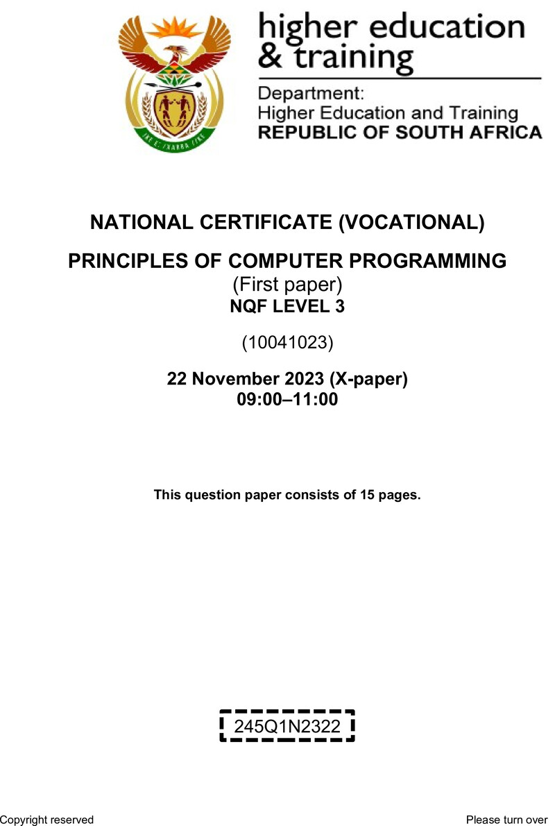 Principles of Computer Programming Level 3 DHET NCV November 2023 Paper X - Question Paper
