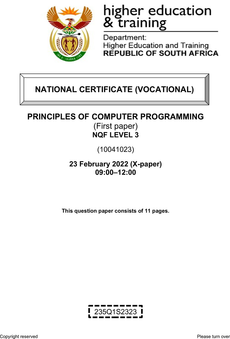 Principles of Computer Programming Level 3 DHET NCV 2022 Paper X - Question Paper