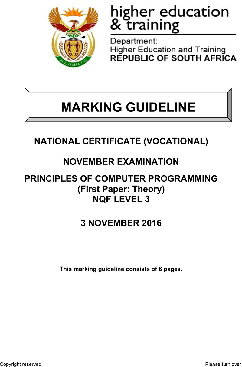 Principles of Computer Programming Level 3 DHET NCV November 2016 - Memo