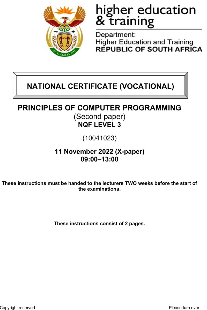Principles of Computer Programming Level 3 DHET NCV November 2022 Paper X - Memo