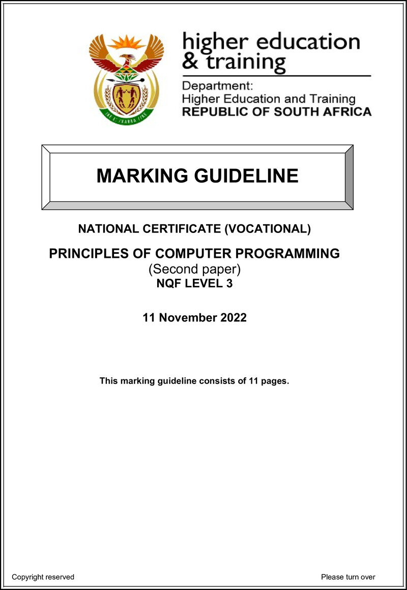 Principles of Computer Programming Level 3 DHET NCV November 2022 - Memo