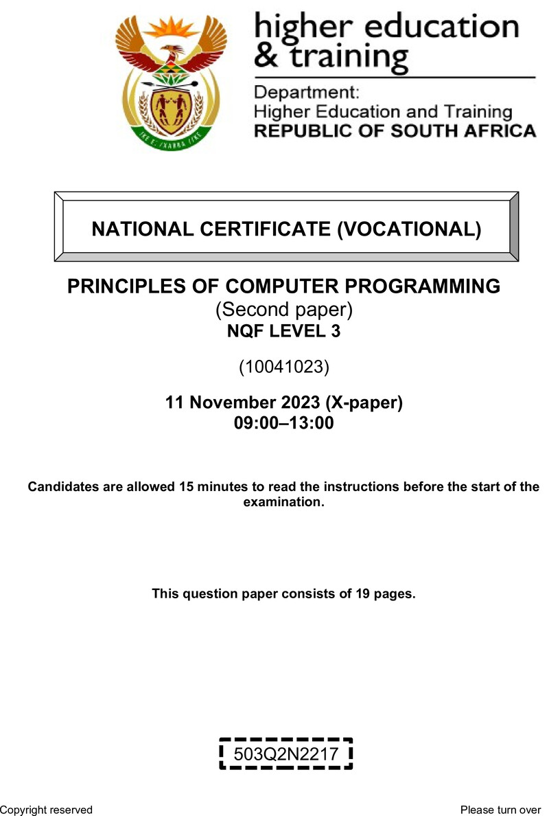 Principles of Computer Programming Level 3 DHET NCV November 2023 Paper X - Question Paper