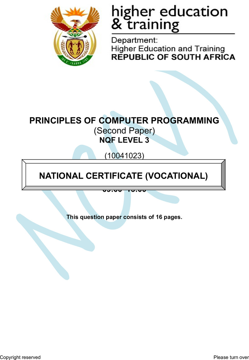 Principles of Computer Programming Level 3 DHET NCV November 2017 Paper X - Question Paper