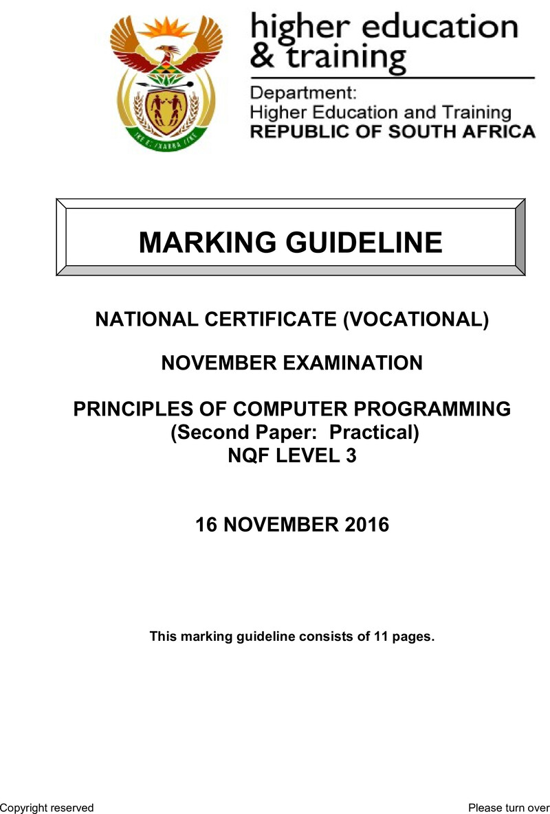 Principles of Computer Programming Level 3 DHET NCV November 2016 - Memo