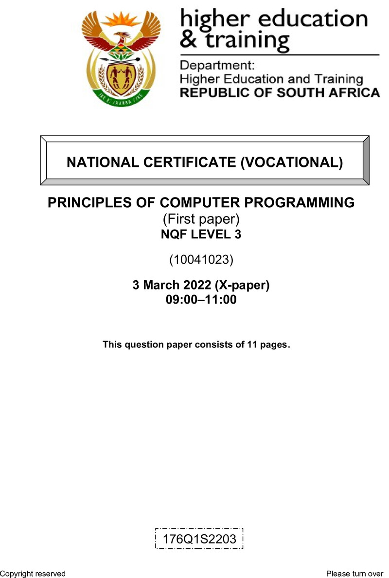 Principles of Computer Programming Level 3 DHET NCV March 2022 Paper X - Question Paper