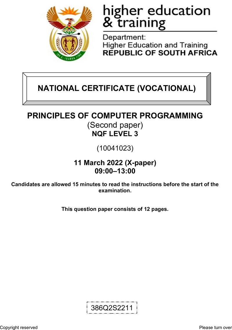 Principles of Computer Programming Level 3 DHET NCV March 2022 Paper X - Question Paper