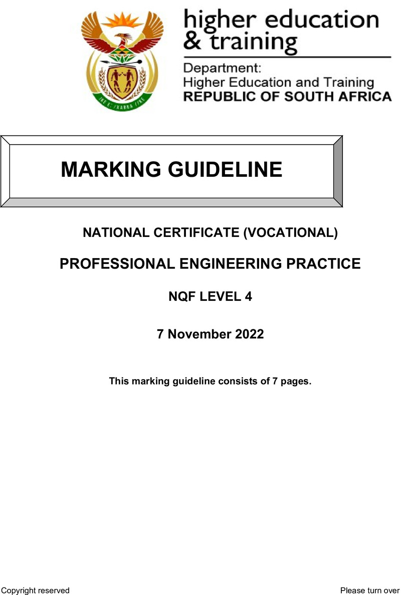 Professional Engineering Practice Level 4 DHET NCV 2022 - Memo