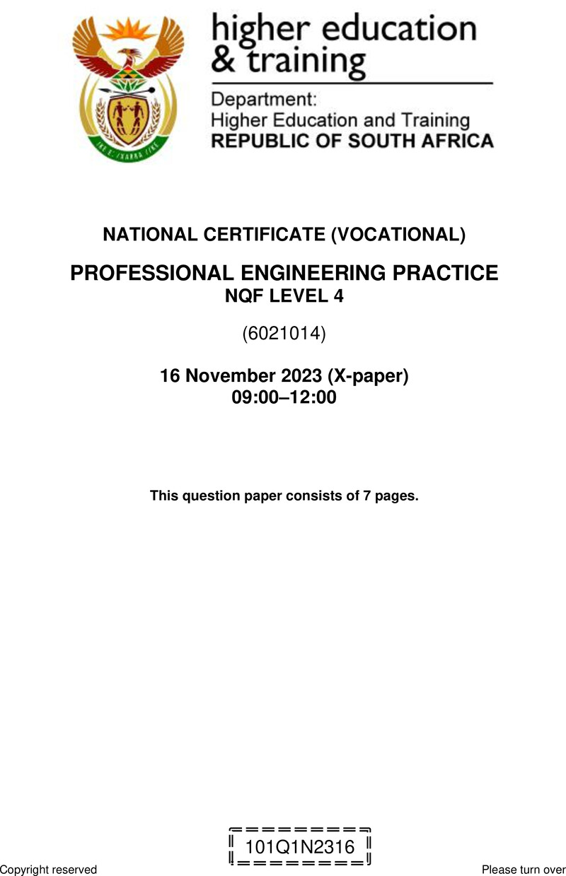Professional Engineering Practice Level 4 DHET NCV November 2023 Paper X - Question Paper