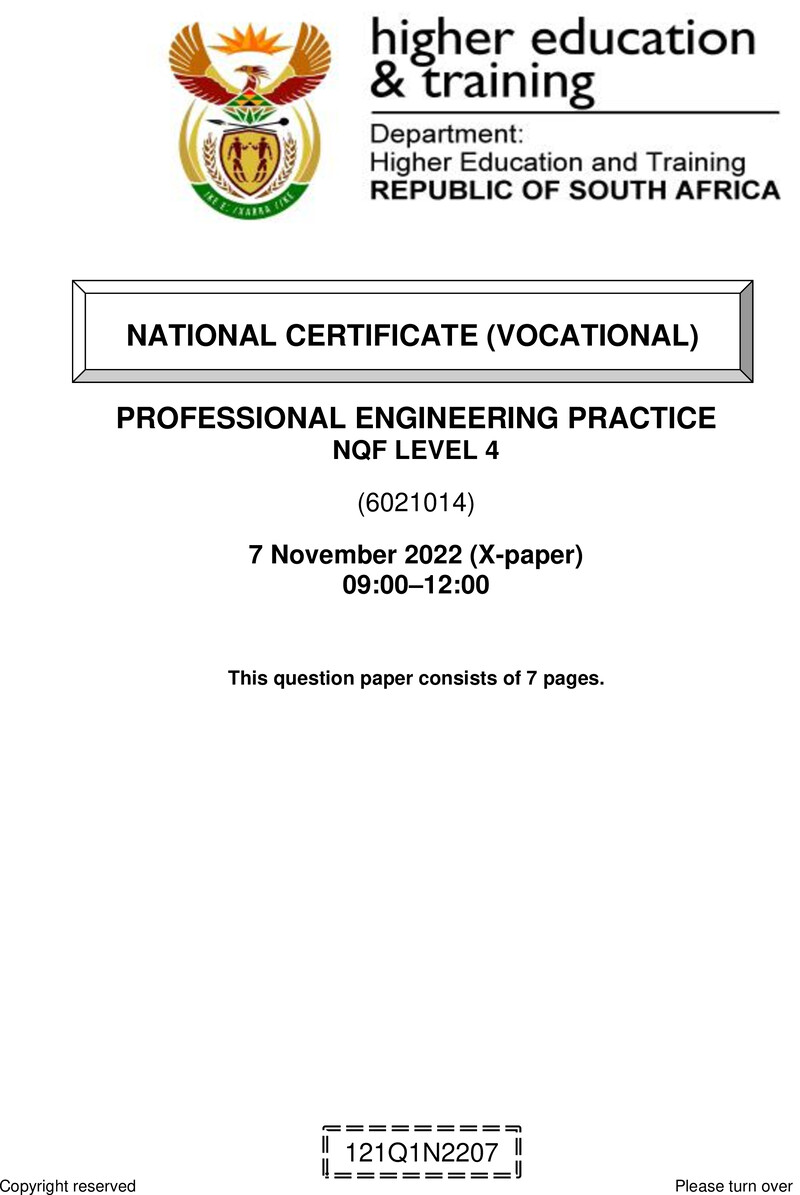 Professional Engineering Practice Level 4 DHET NCV November 2022 Paper X - Question Paper