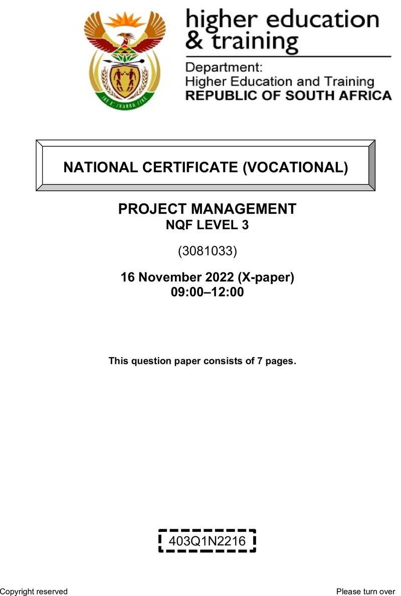 Project Management Level 3 DHET NCV November 2022 Paper X - Question Paper