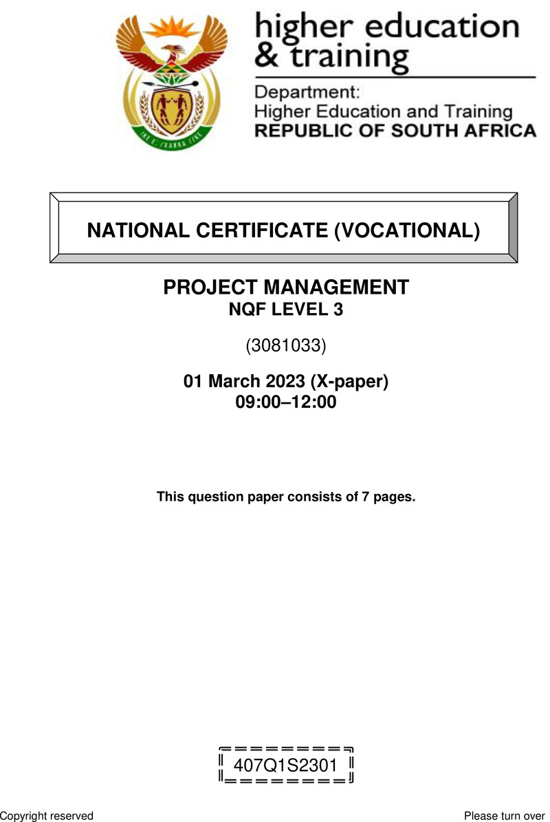 Project Management Level 3 DHET NCV March 2023 Paper X - Question Paper