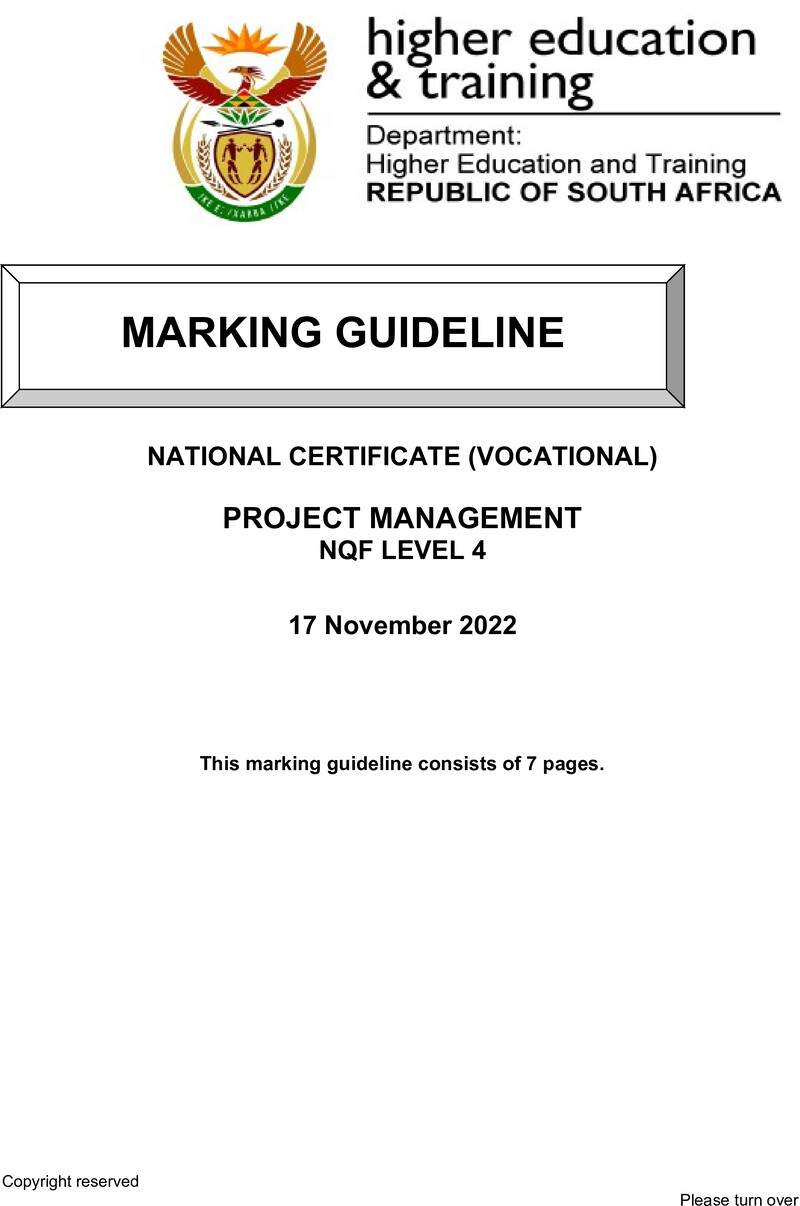 Project Management Level 4 DHET NCV 2022 - Memo