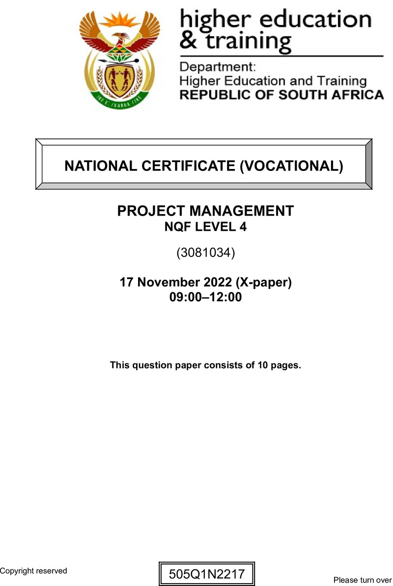 Project Management Level 4 DHET NCV 2022 Paper X - Question Paper