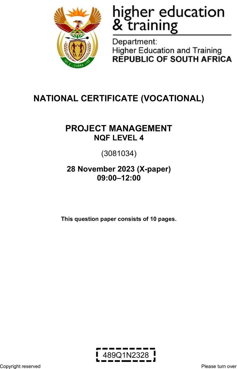 Project Management Level 4 DHET NCV November 2023 Paper X - Question Paper