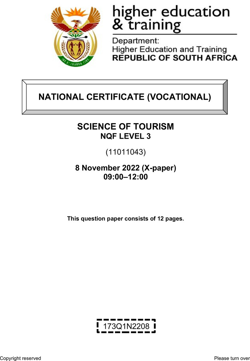 Science of Tourism Level 3 DHET NCV November 2022 Paper X - Question Paper