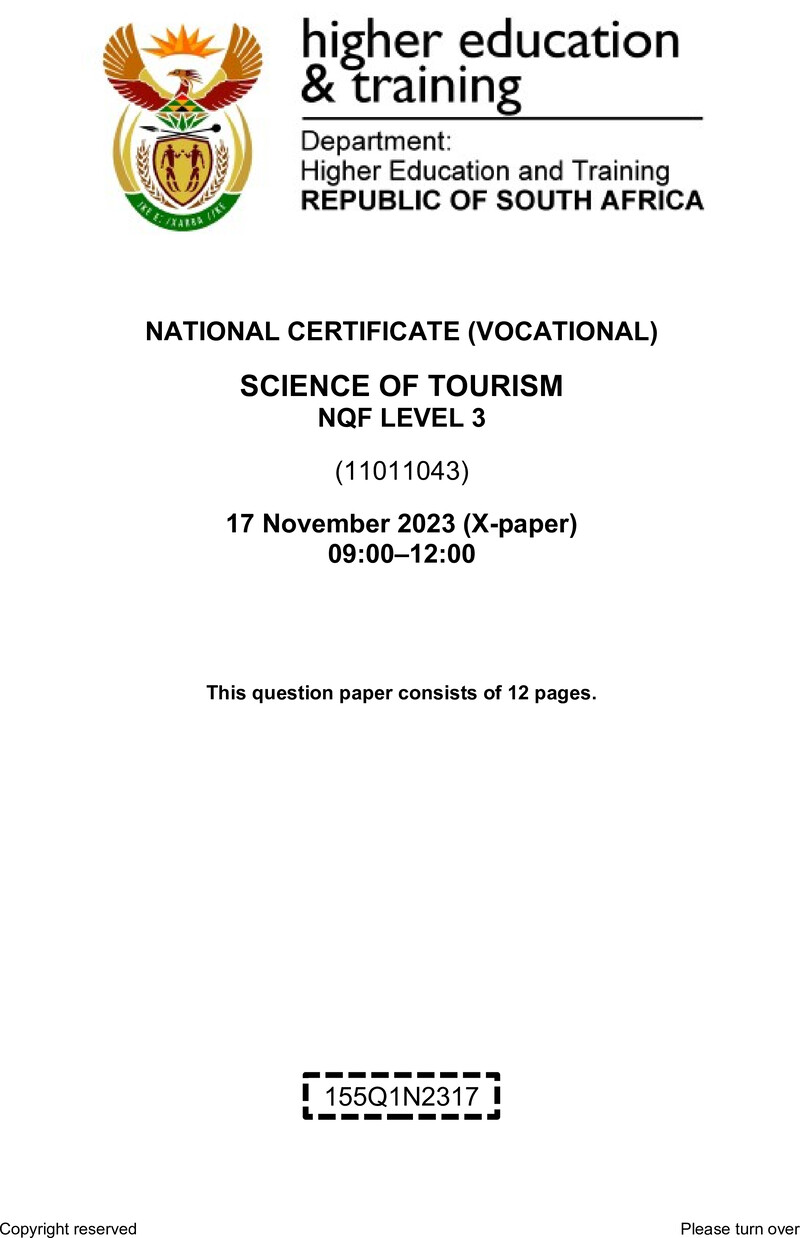Science of Tourism Level 3 DHET NCV November 2023 Paper X - Question Paper