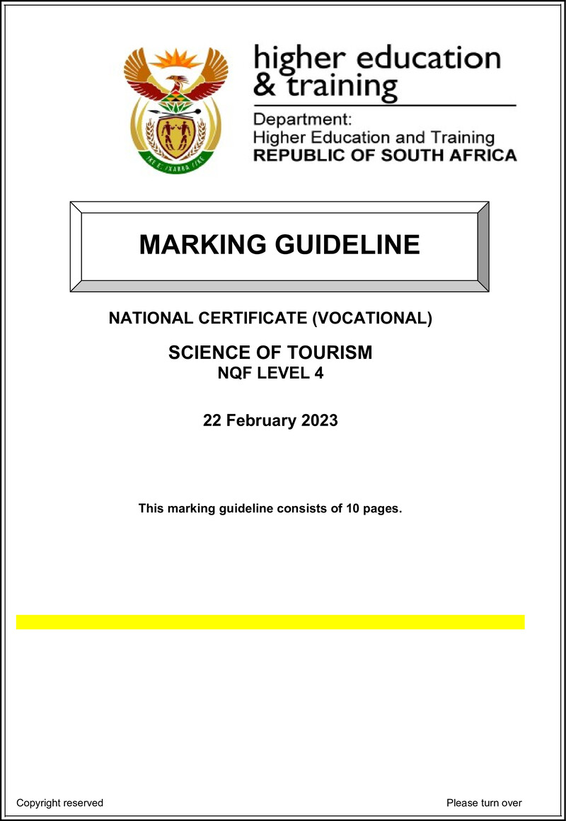 Science of Tourism Level 4 DHET NCV 2023 - Memo