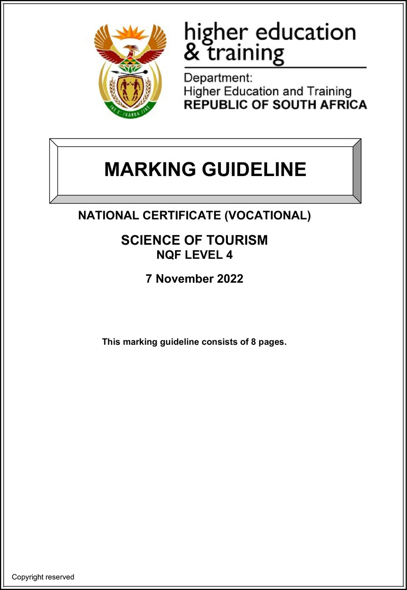 Science of Tourism Level 4 DHET NCV 2022 - Memo