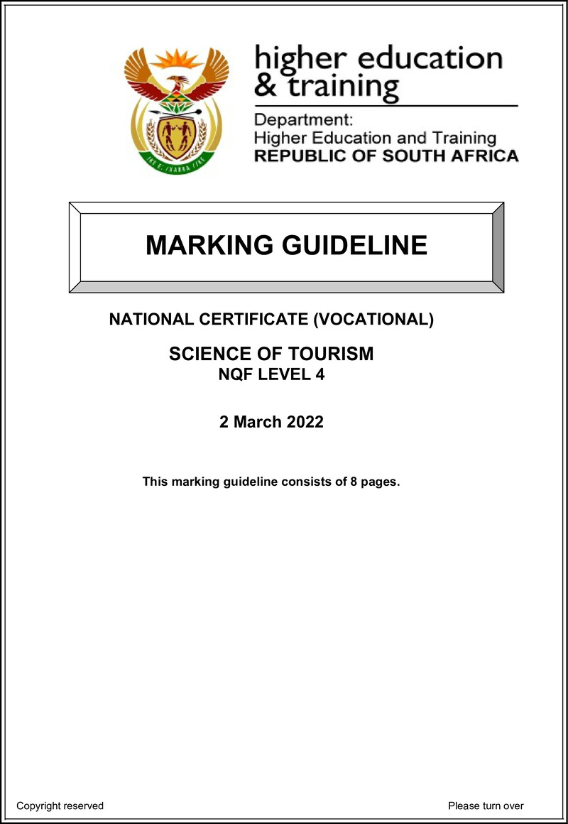 Science of Tourism Level 4 DHET NCV March 2022 - Memo