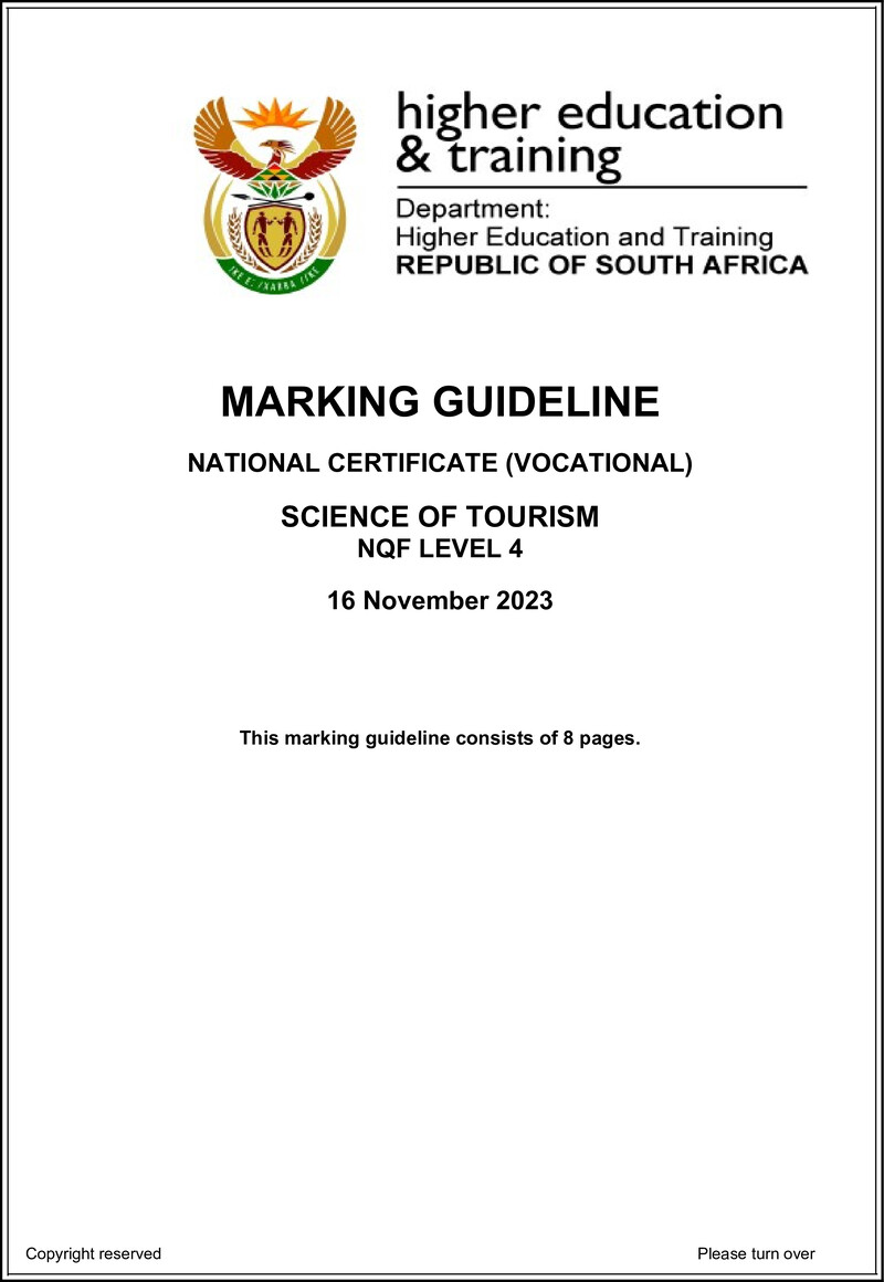 Science of Tourism Level 4 DHET NCV 2023 - Memo