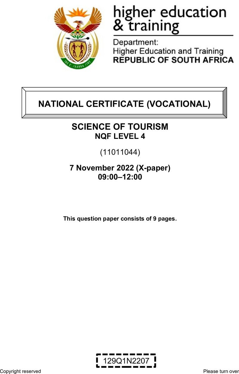 Science of Tourism Level 4 DHET NCV November 2022 Paper X - Question Paper