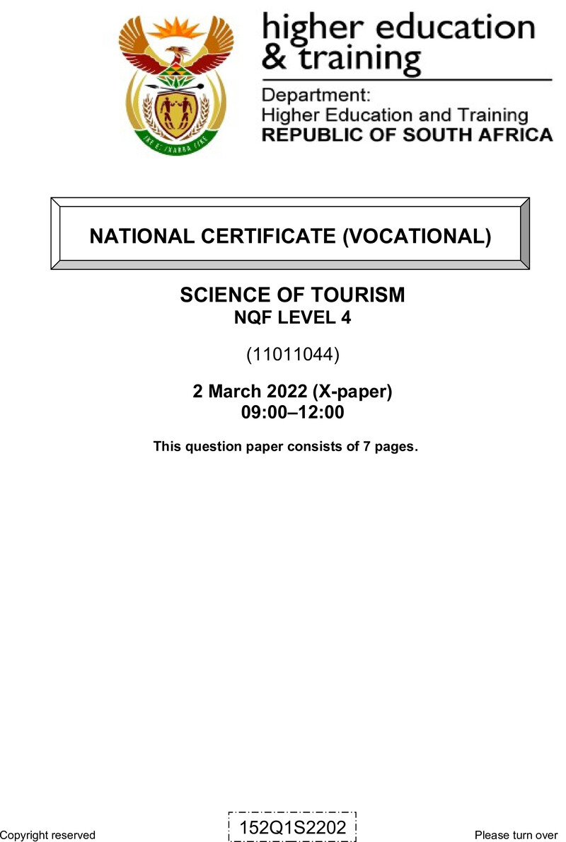 Science of Tourism Level 4 DHET NCV March 2022 Paper X - Question Paper