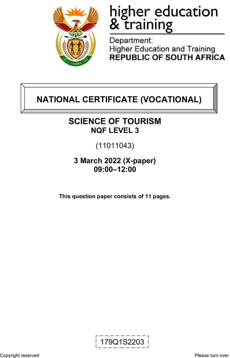 Science of Tourism Level 3 DHET NCV March 2022 Paper X - Question Paper