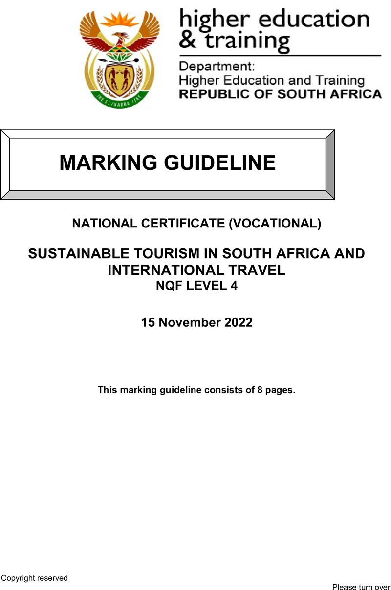 Sustainable Tourism in South Africa and International Travel Level 4 DHET NCV 2022 - Memo