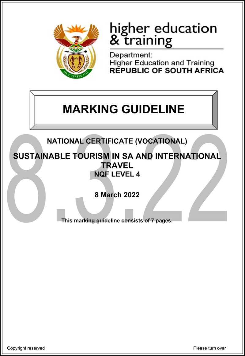 Sustainable Tourism in South Africa and International Travel Level 4 DHET NCV March 2022 - Memo
