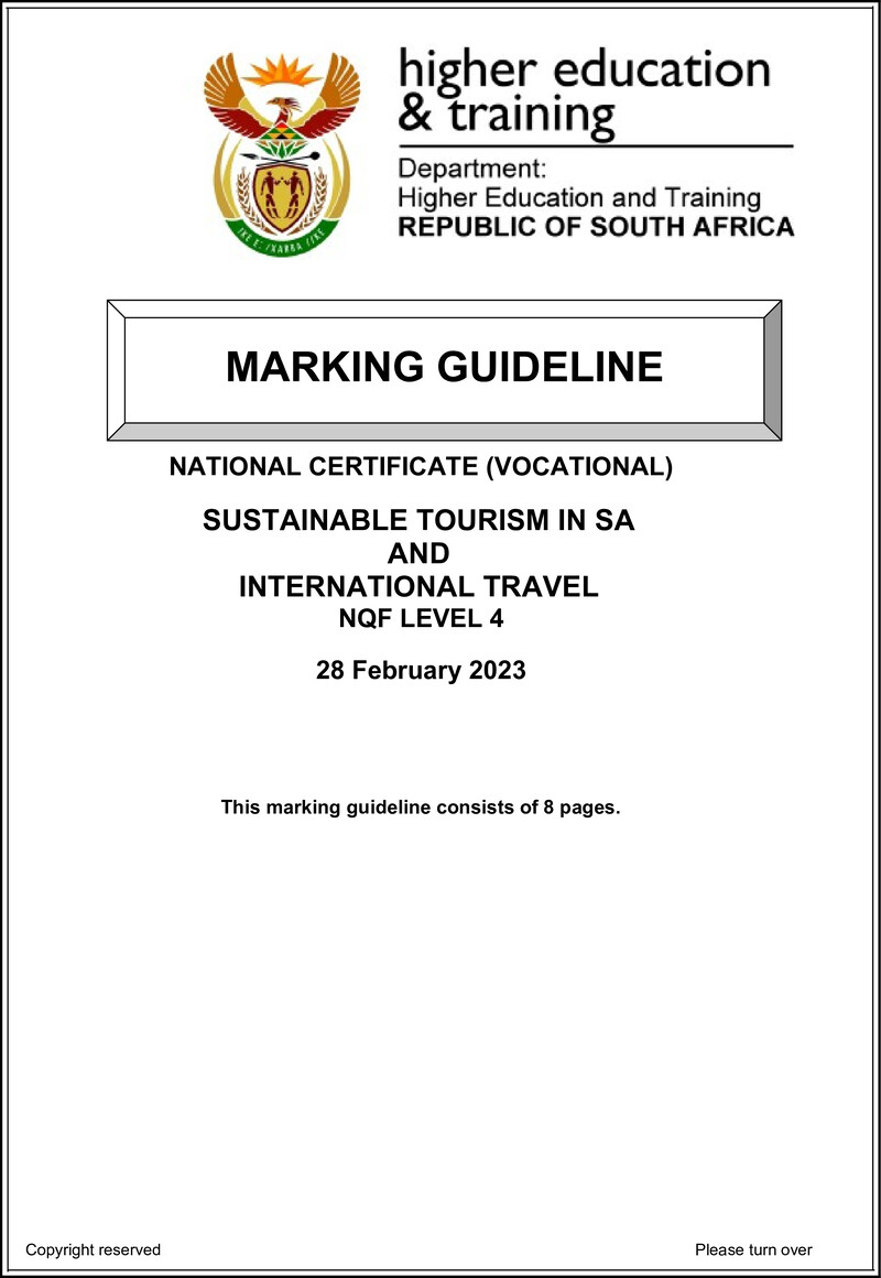 Sustainable Tourism in South Africa and International Travel Level 4 DHET NCV 2023 - Memo