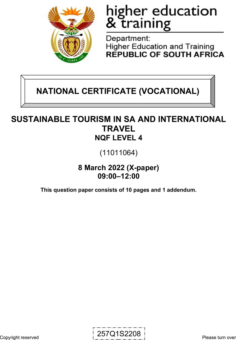 Sustainable Tourism in South Africa and International Travel Level 4 DHET NCV March 2022 Paper X - Question Paper