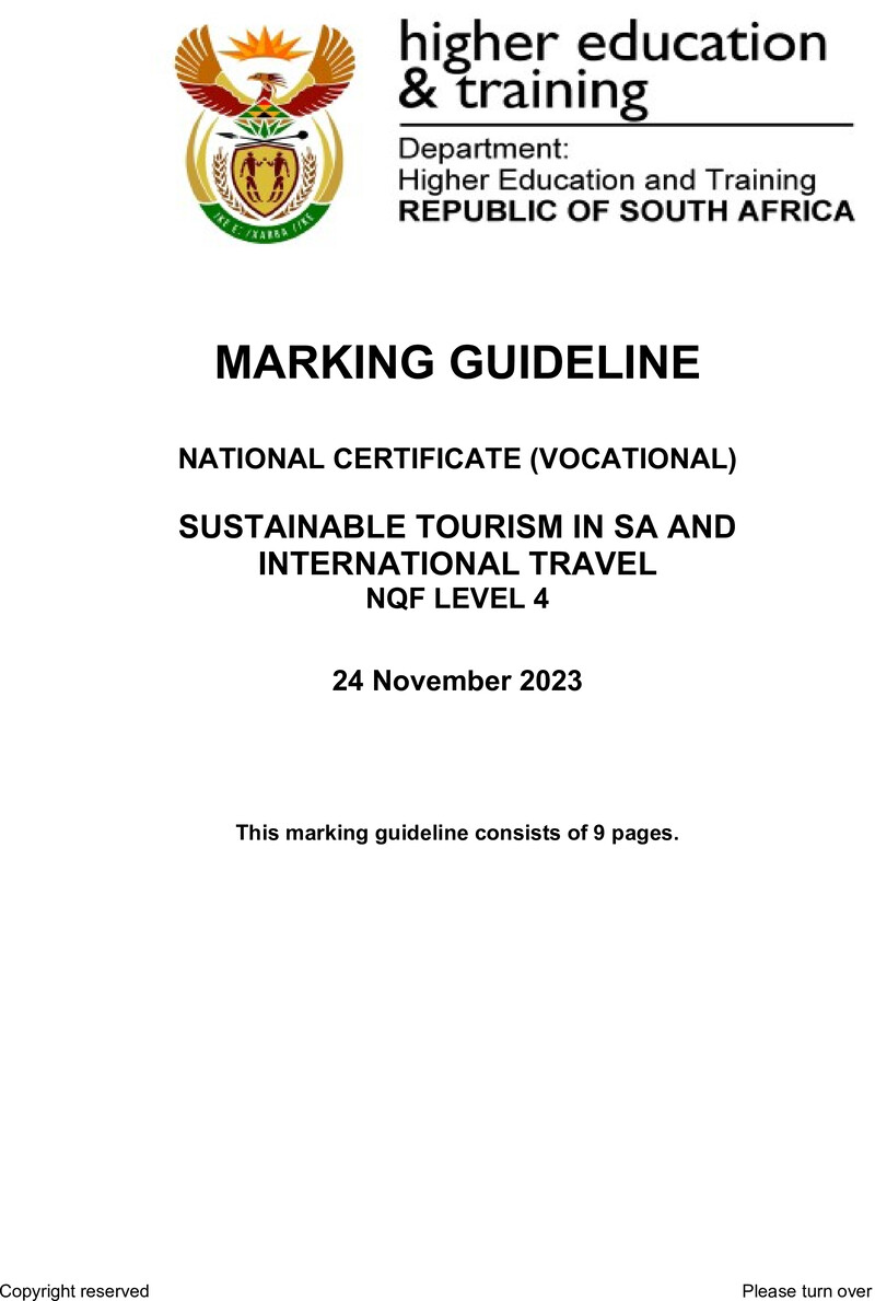 Sustainable Tourism in South Africa and International Travel Level 4 DHET NCV 2023 - Memo