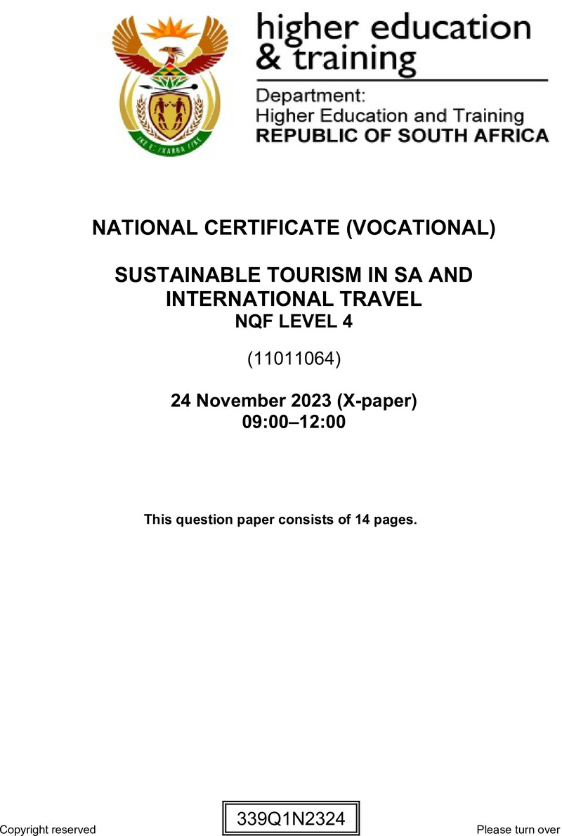 Sustainable Tourism in South Africa and International Travel Level 4 DHET NCV November 2023 Paper X - Question Paper
