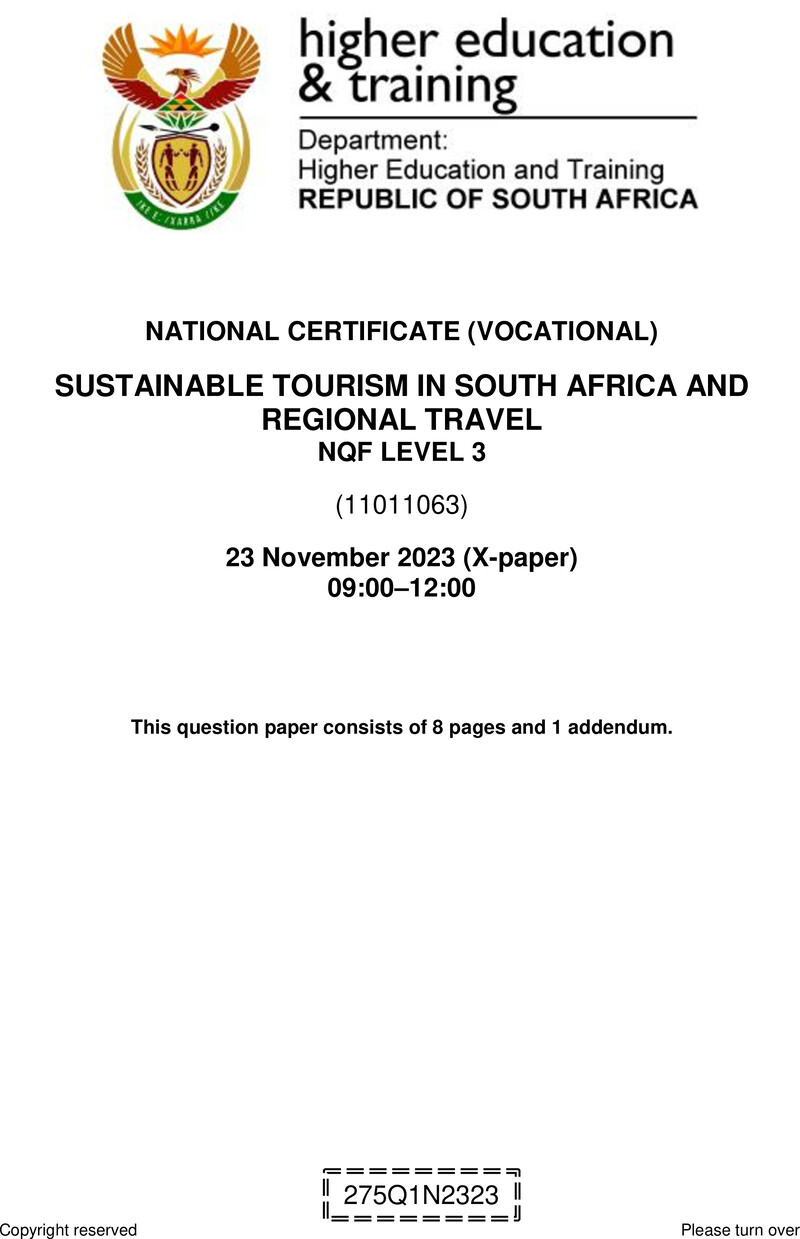 Sustainable Tourism in South Africa and Regional Travel Level 3 DHET NCV November 2023 Paper X - Question Paper