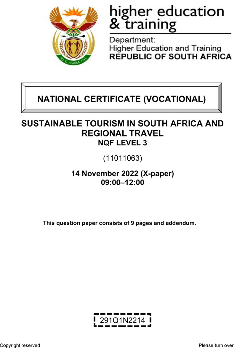 Sustainable Tourism in South Africa and Regional Travel Level 3 DHET NCV November 2022 Paper X - Question Paper