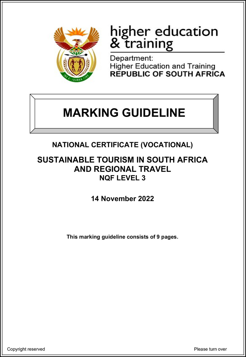 Sustainable Tourism in South Africa and Regional Travel Level 3 DHET NCV 2022 - Memo