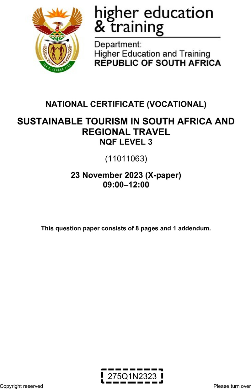 Sustainable Tourism in South Africa and Regional Travel Level 3 DHET NCV 2023 Paper X - Question Paper