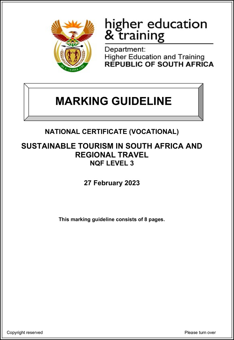 Sustainable Tourism in South Africa and Regional Travel Level 3 DHET NCV 2023 - Memo