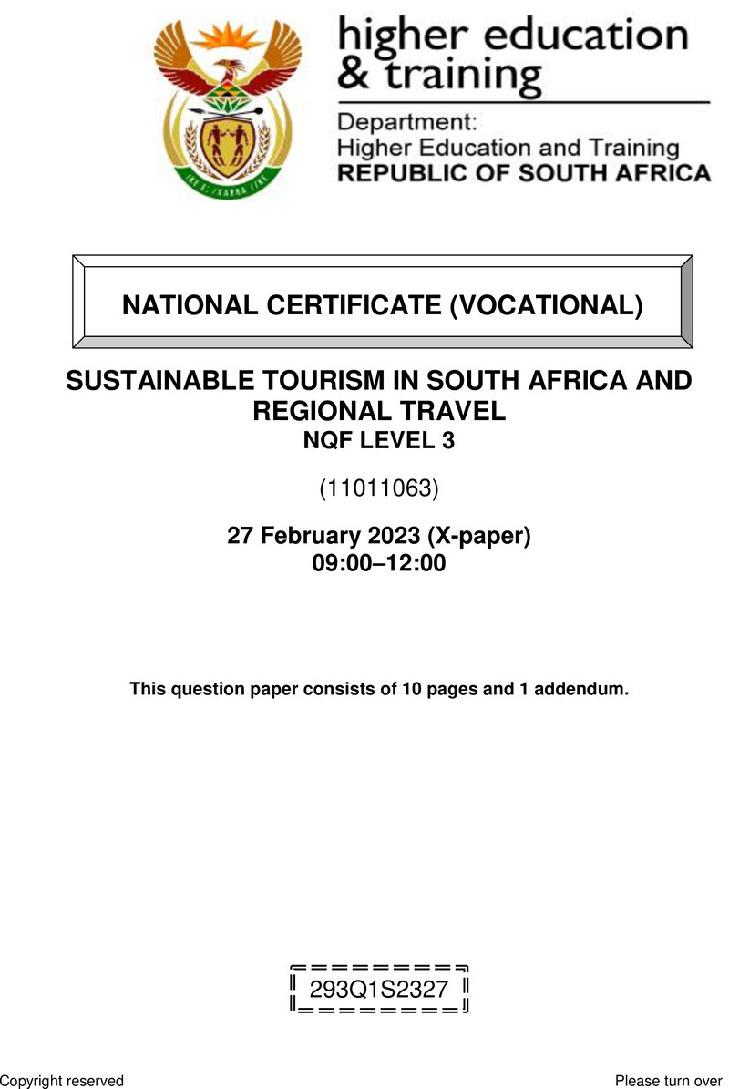 Sustainable Tourism in South Africa and Regional Travel Level 3 DHET NCV February 2023 Paper X - Question Paper