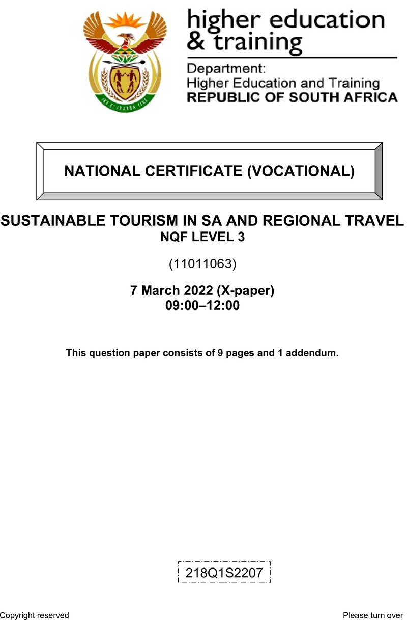 Sustainable Tourism in South Africa and Regional Travel Level 3 DHET NCV March 2022 Paper X - Question Paper