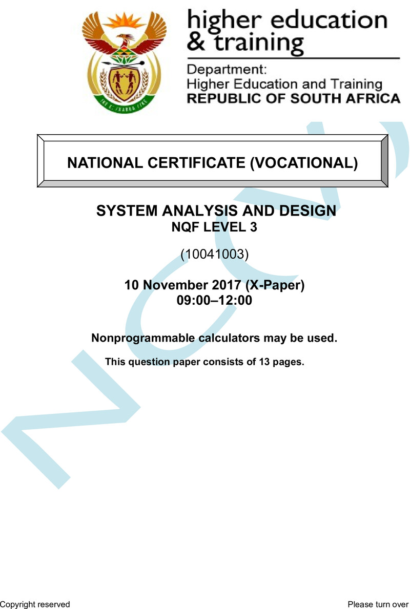 Systems Analysis and Design Level 3 DHET NCV 2017 Paper X - Question Paper