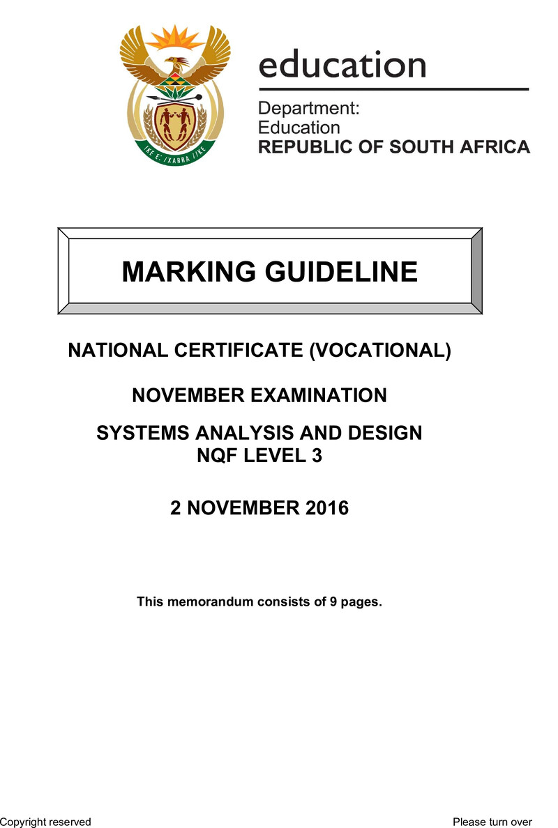 Systems Analysis and Design Level 3 DHET NCV November 2016 - Memo