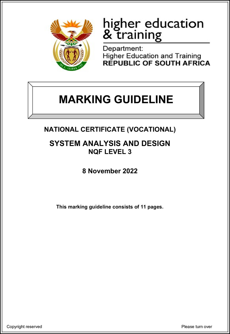 Systems Analysis and Design Level 3 DHET NCV 2022 - Memo
