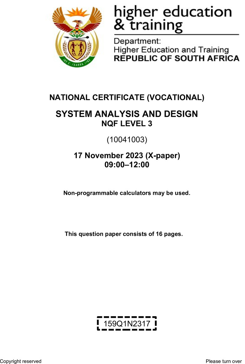Systems Analysis and Design Level 3 DHET NCV November 2023 Paper X - Question Paper